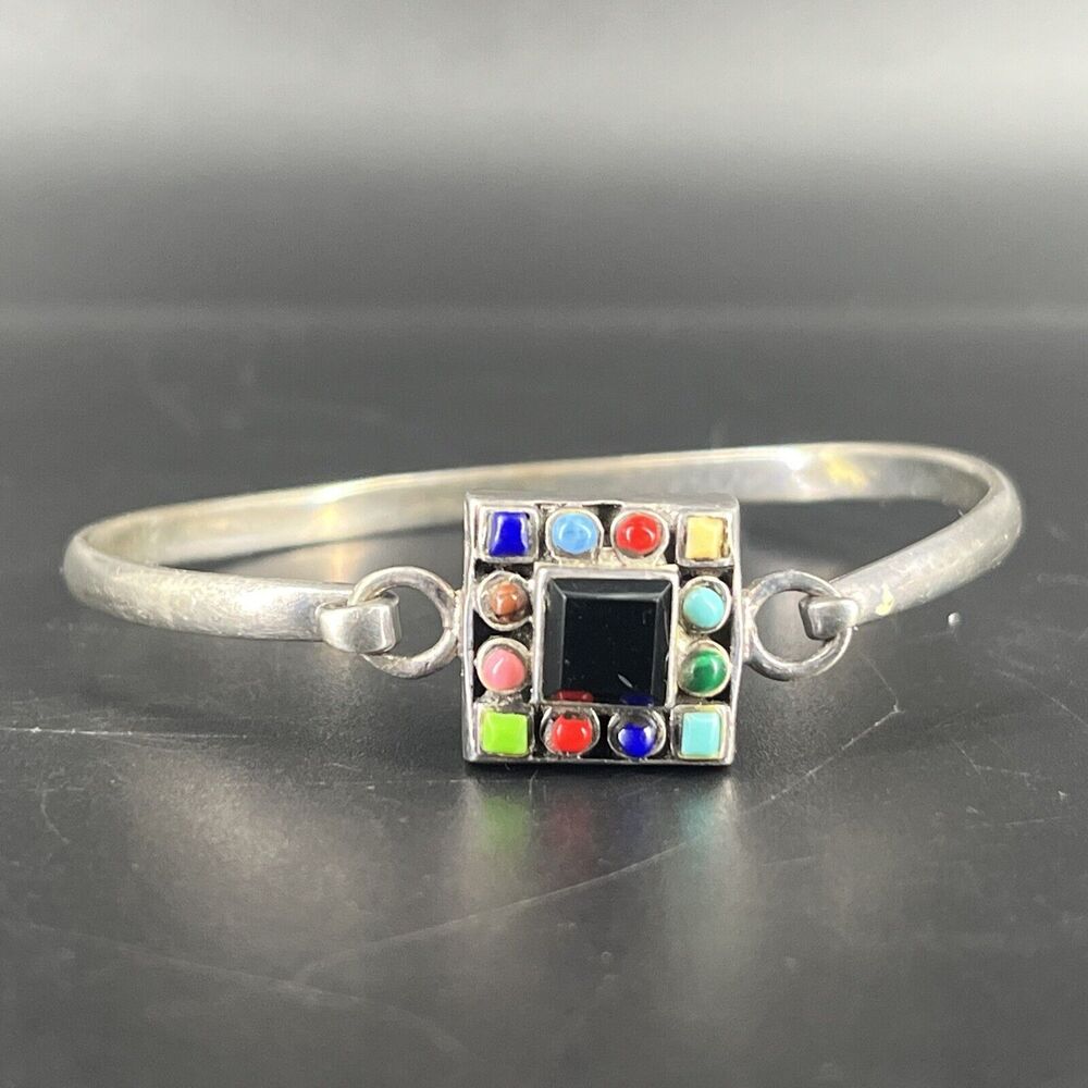 Sterling Silver Designer SE Colorful Square Stone Insert Link Bracelet 6.5"